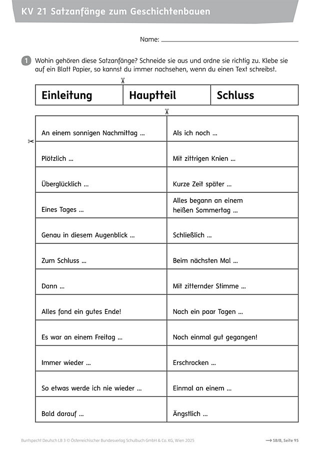 Satzanfänge zum Geschichtenbauen
