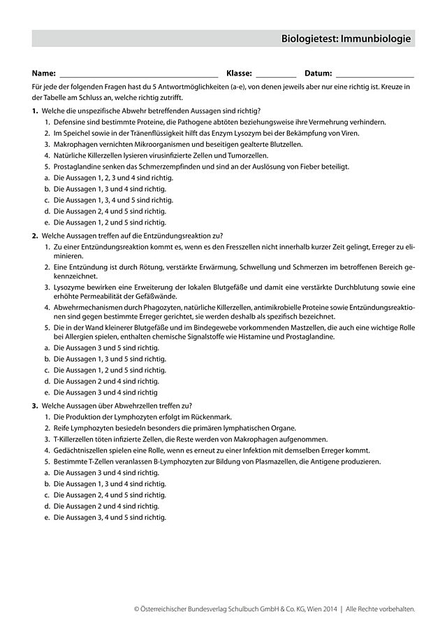 Biologietest: Immunbiologie
