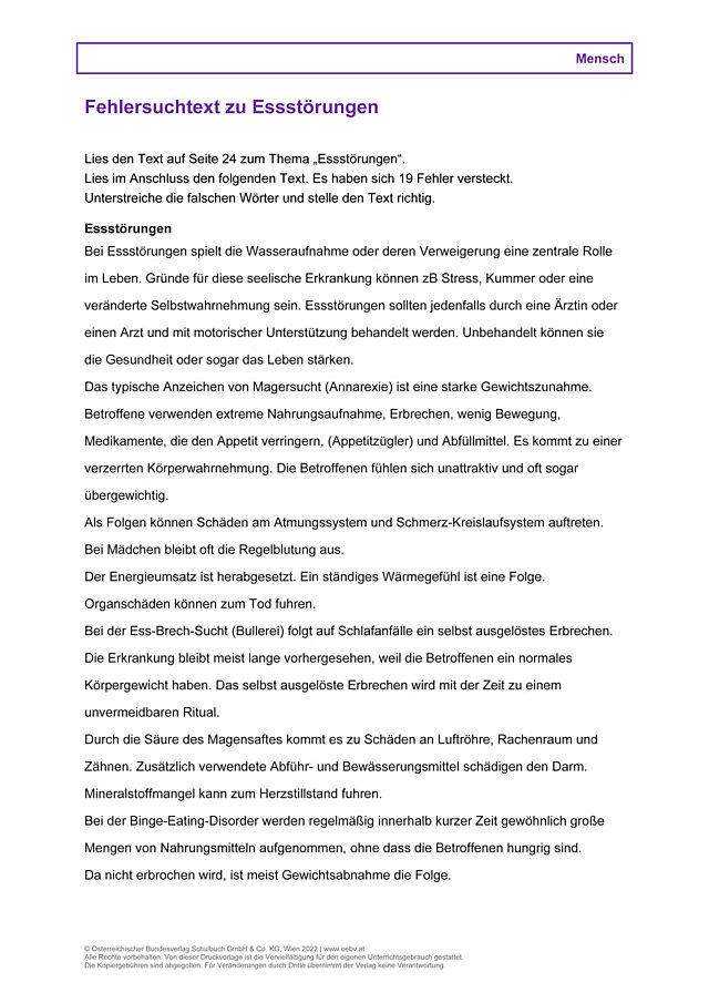 Fehlersuchtext zu Essstörungen