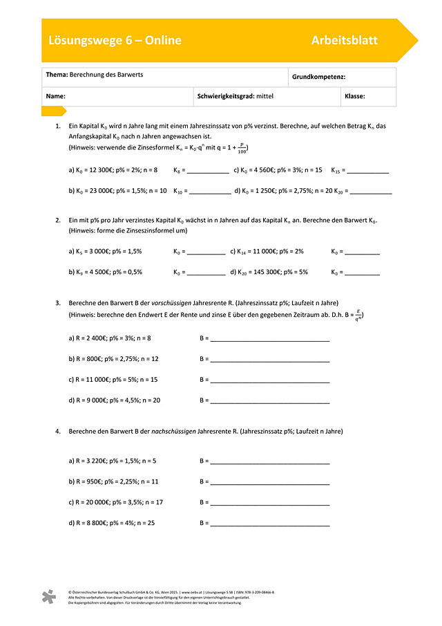 Berechnung des Barwerts - Arbeitsblatt