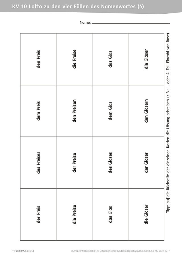Lotto zu den vier Fällen des Namenwortes 4