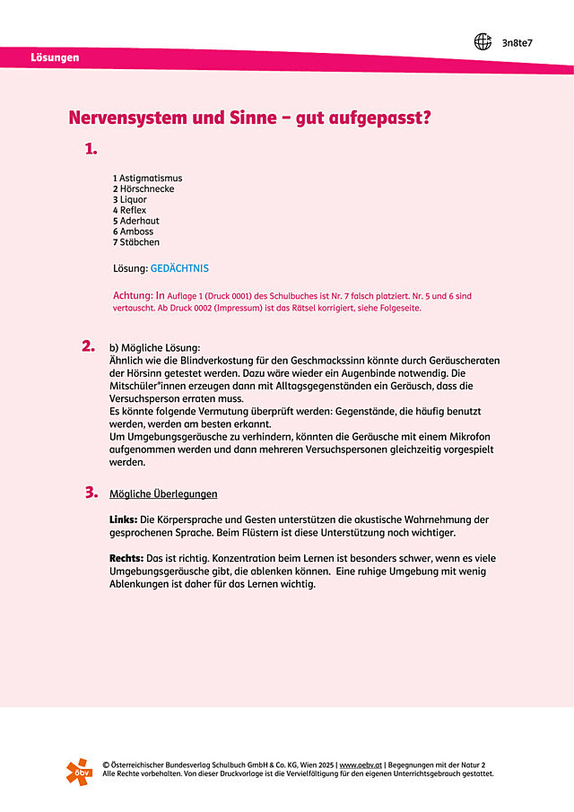 Gut aufgepasst? Lösung - Nervensystem und Sinne