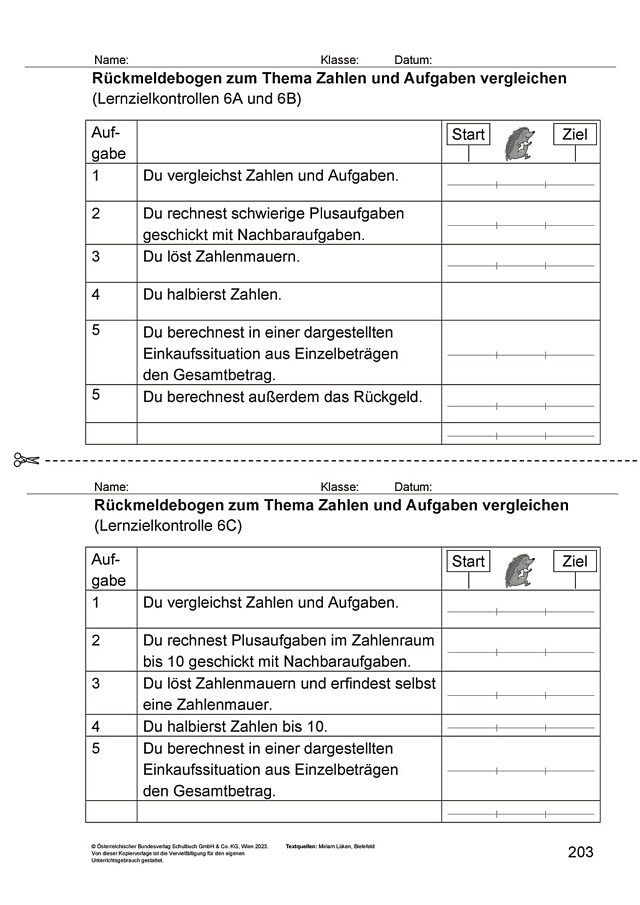 Das Zahlenbuch 1, Rückmeldebogen Lernzielkontrolle 6