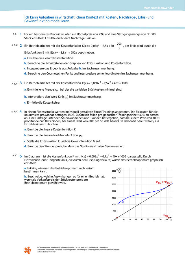 Ich kann Aufgaben in wirtschaftlichem Kontext mit Kosten-, Nachfrage-, Erlös- und Gewinnfunktionen modellieren.