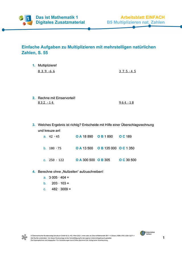 Einfaches AB zu B5 Multiplizieren mit mehrstelligen natürlichen Zahlen