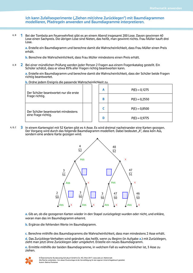 Ich kann Zufallsexperimente mit Baumdiagrammen modellieren, Pfadregeln anwenden und Baumdiagramme interpretieren.