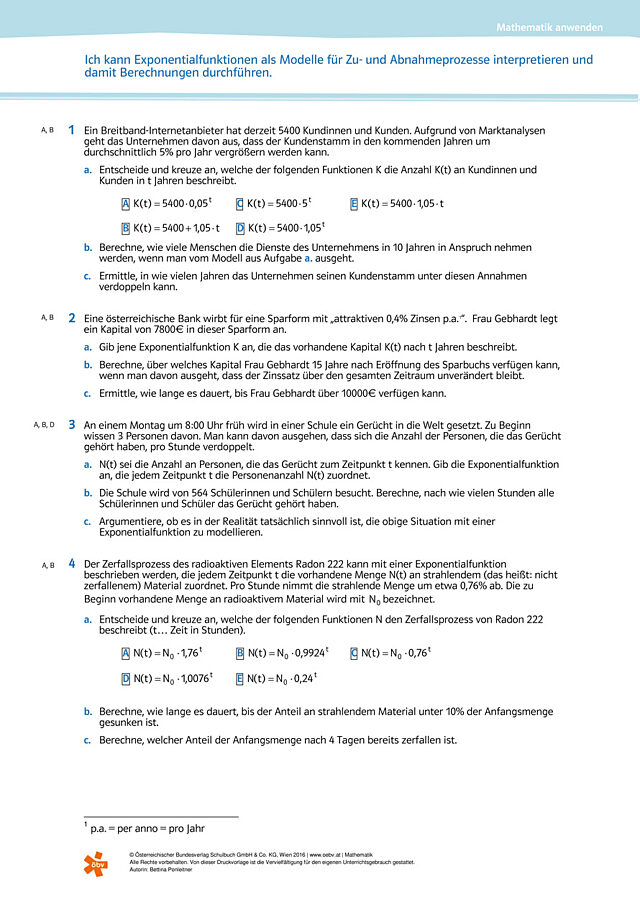 Ich kann Exponentialfunktionen als Modelle für Zu- und Abnahmeprozesse interpretieren und damit Berechnungen durchführen.