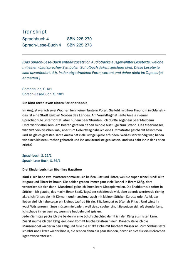 Transkript der Hörtexte - Sprach-Lese-Buch 4