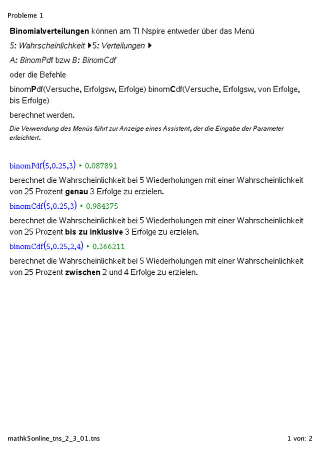 Wahrscheinlichkeiten einer binomialverteilten Zufallsvariablen berechnen