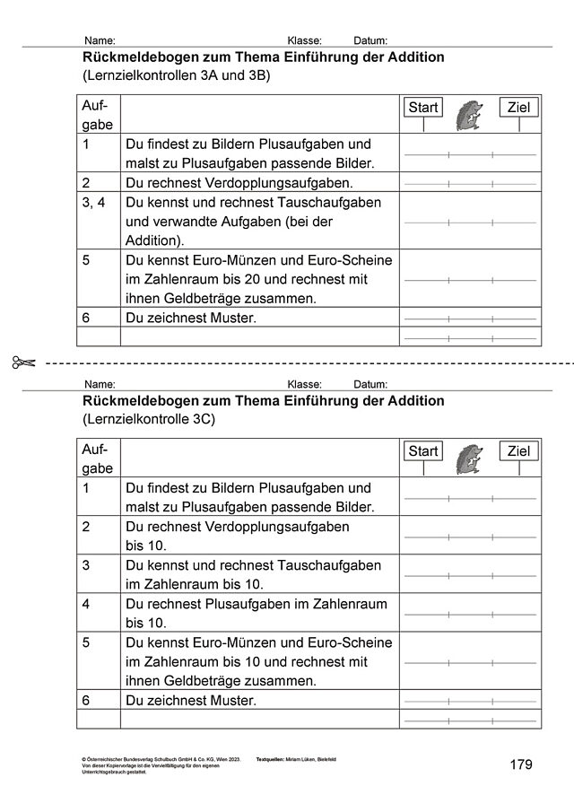 Das Zahlenbuch 1, Rückmeldebogen Lernzielkontrolle 3