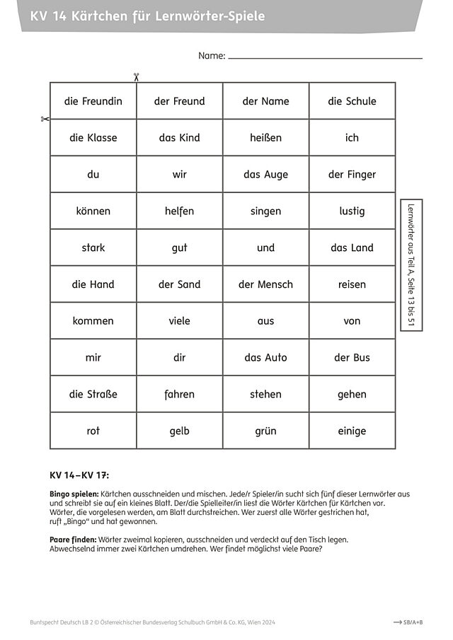 Kärtchen für Lernwörter-Spiele