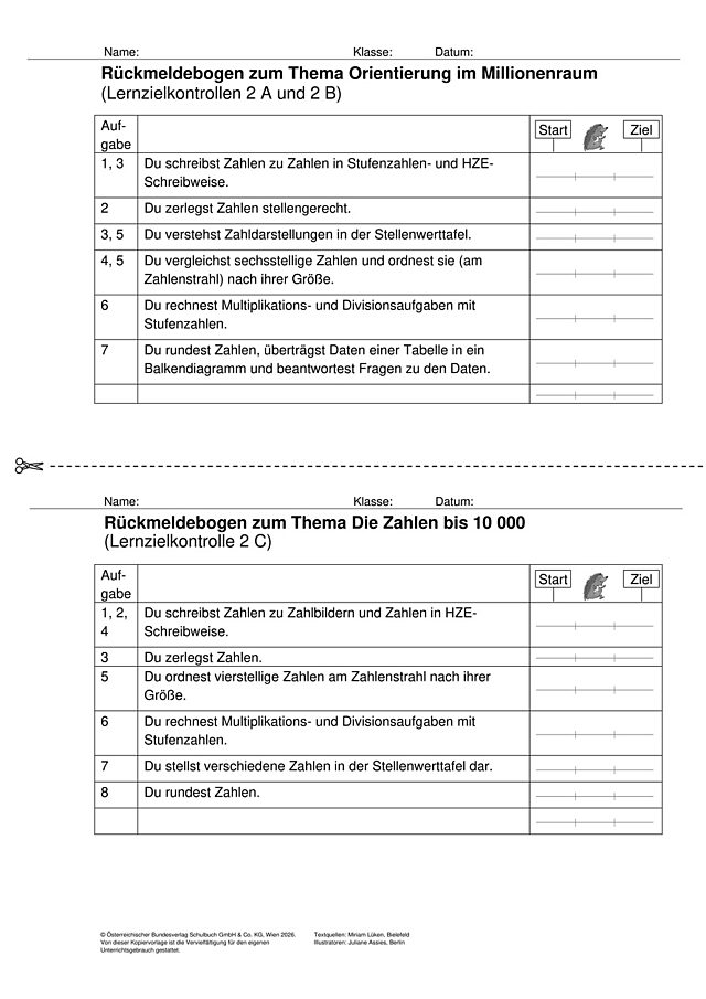Das Zahlenbuch 4, Lernzielkontrolle 2 Rückmeldebogen