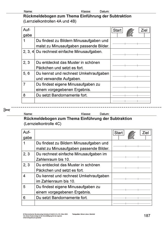 Das Zahlenbuch 1, Rückmeldebogen Lernzielkontrolle 4
