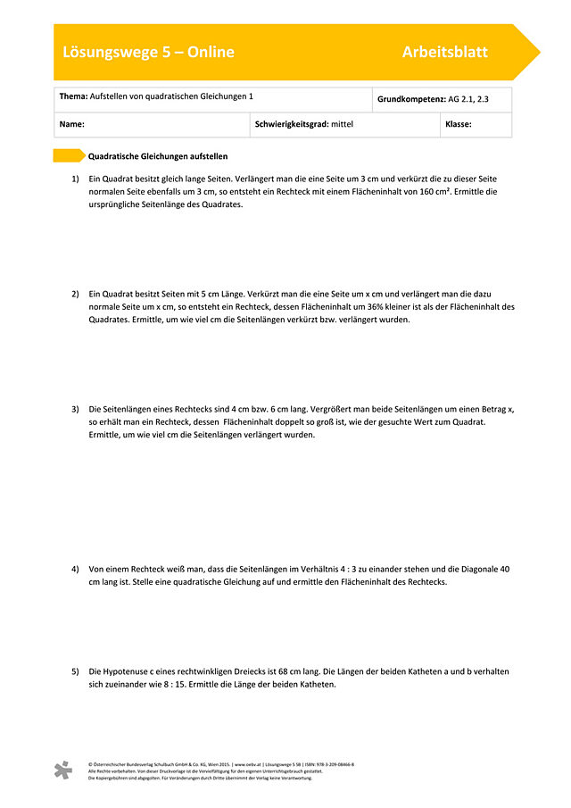 Aufstellen von quadratischen Gleichungen 1
