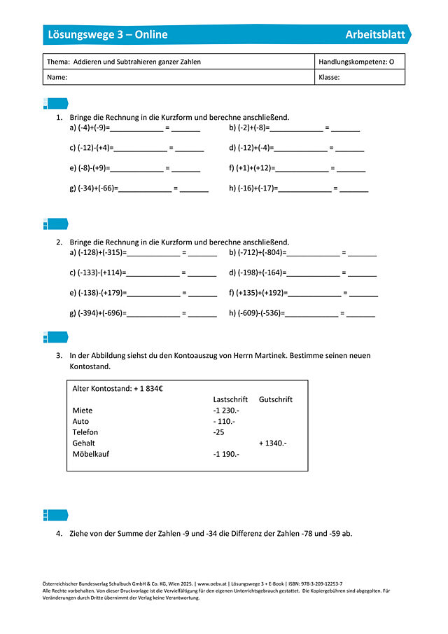 Addieren und Subtrahieren ganzer Zahlen 2