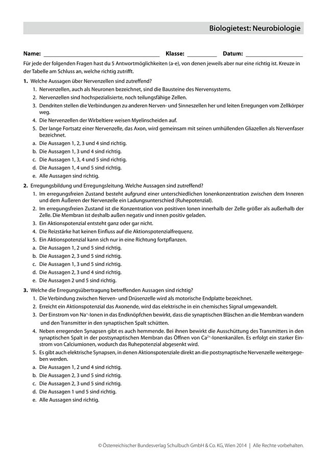 Biologietest: Neurobiologie