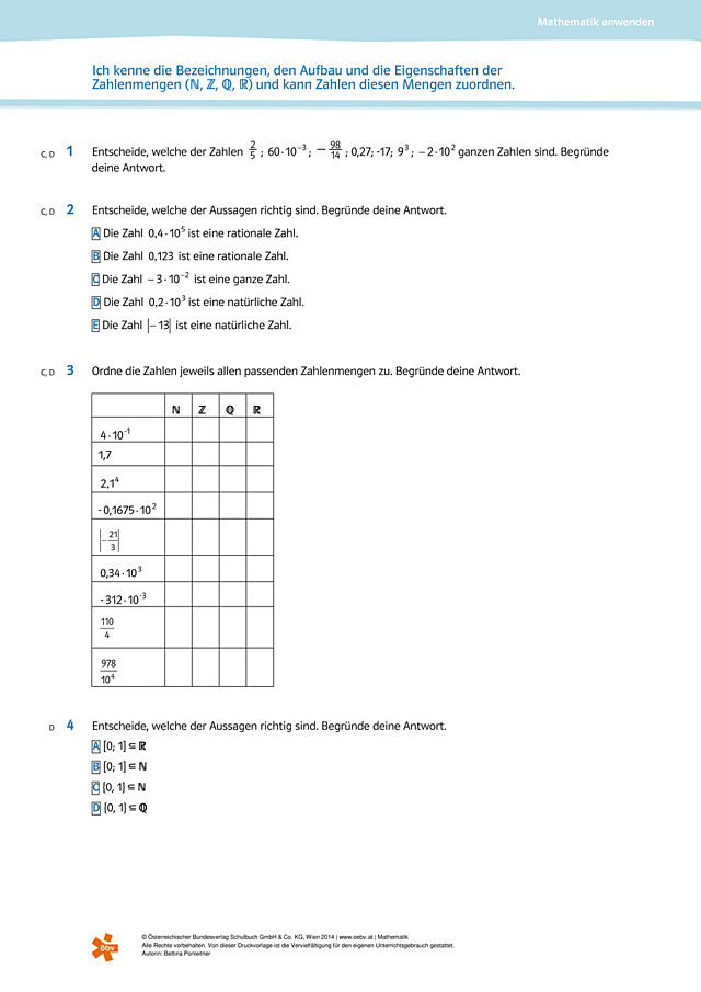 die Zahlenmengen (N, Z, Q, R) kennen und Zahlen diesen Mengen zuordnen