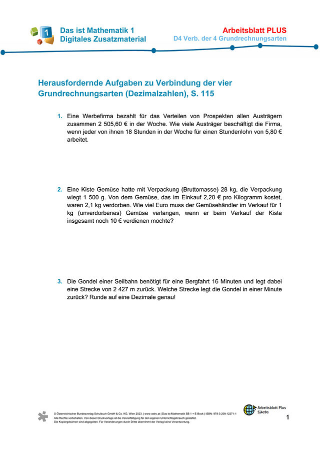 Plus AB zu D4 Verbindung der vier Grundrechnungsarten-Dezimalzahlen