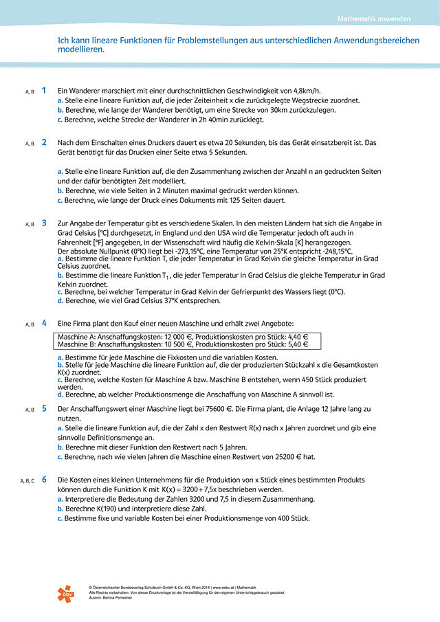 lineare Funktionen für Problemstellungen modellieren