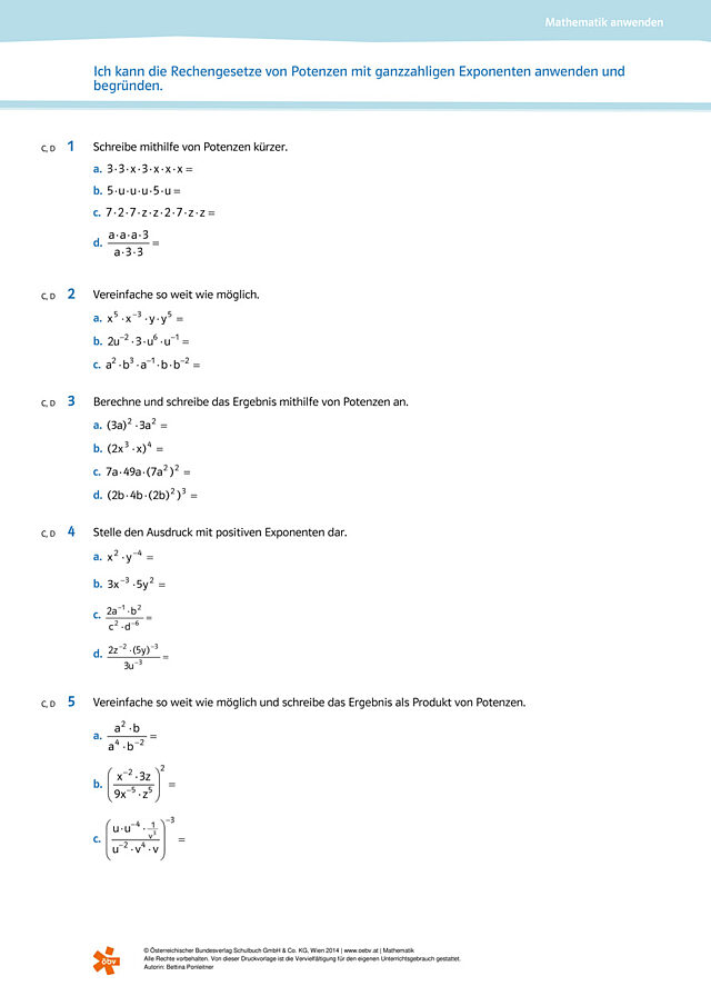 Rechengesetze von Potenzen mit ganzzahligen Exponenten anwenden und begründen