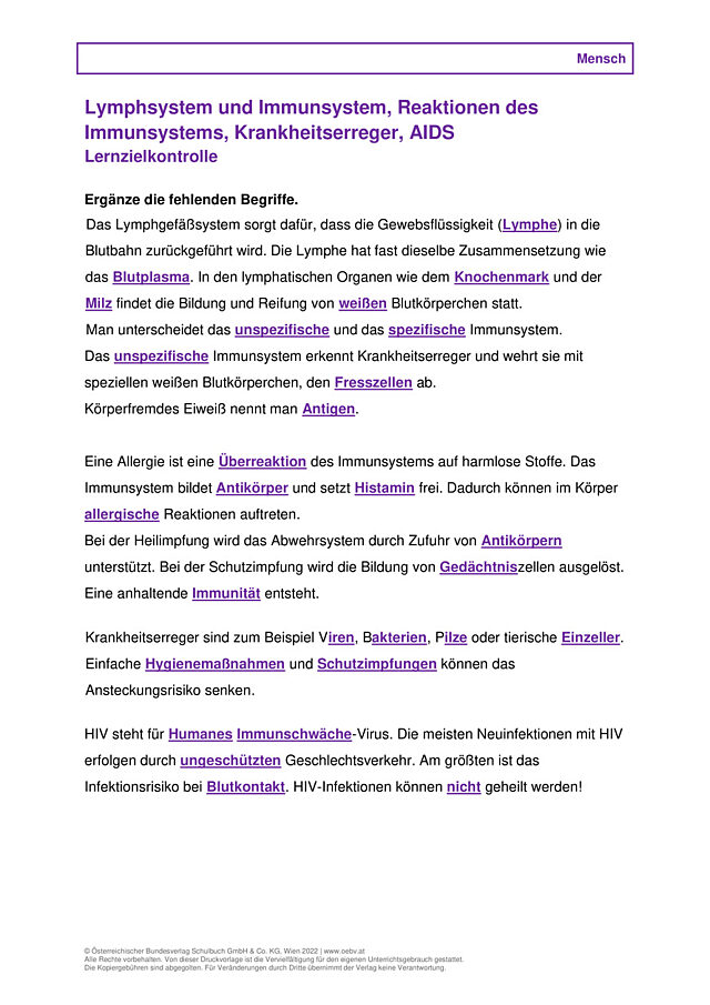 Lymphsystem und Immunsystem, Reaktionen des Immunsystems, Krankheitserreger, AIDS