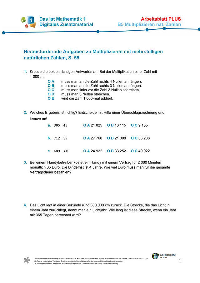 Plus AB zu B5 Multiplizieren mit mehrstelligen natürlichen Zahlen