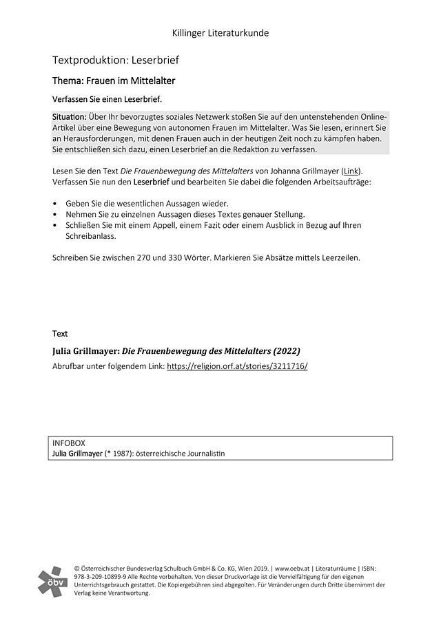 Textproduktion Leserbrief Frauen im Mittelalter