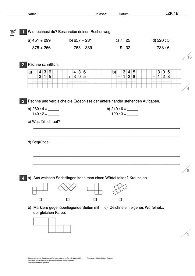 Das Zahlenbuch 4, Lernzielkontrolle 1B