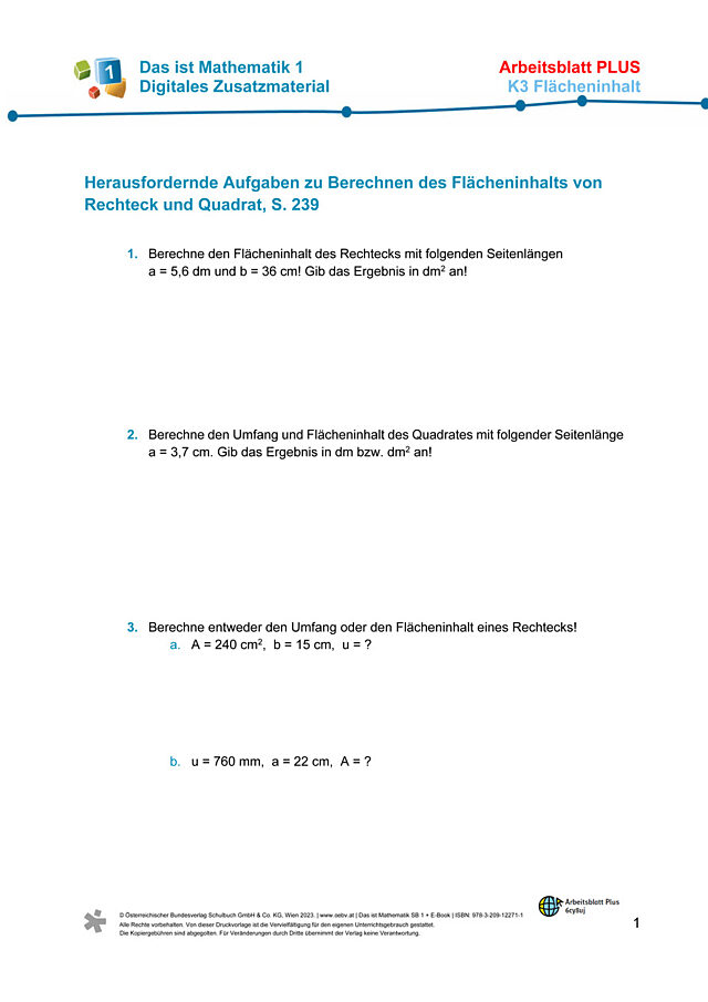 Plus AB zu K3 Berechnen des Flächeninhalts von Rechteck und Quadrat