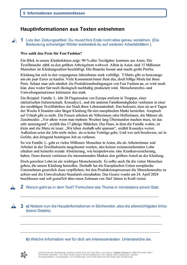 Hauptinformationen aus Texten entnehmen