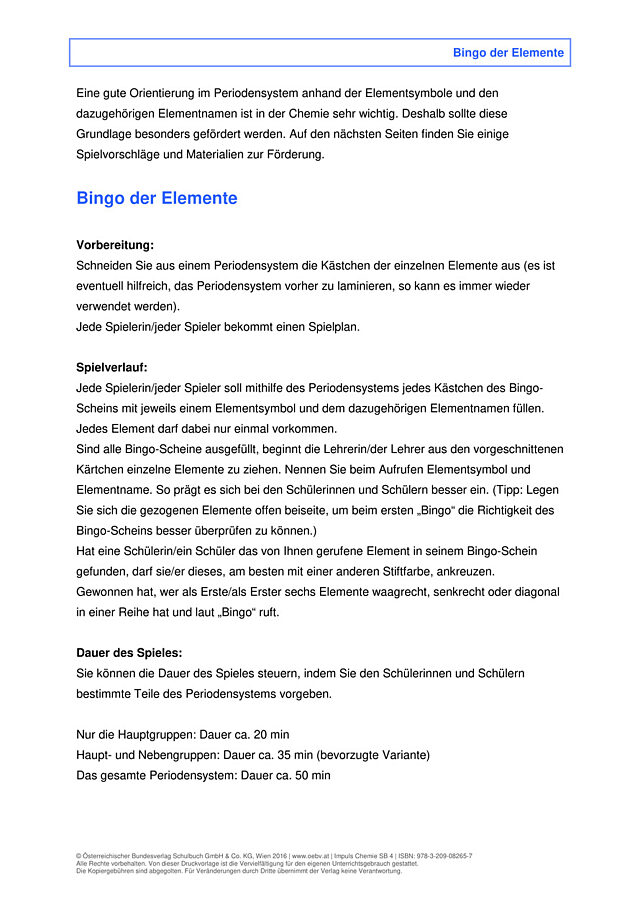 Bingo der Elemente