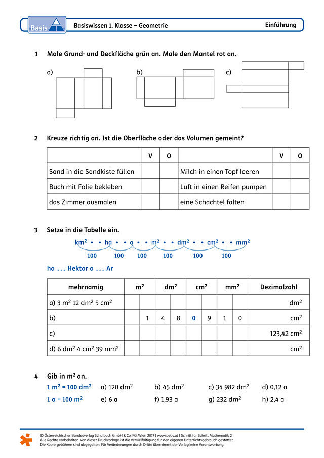 Volumen und Oberfläche von Quader und Würfel, Flächenmaße, Raummaße
