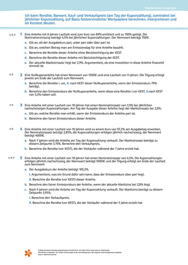 Ich kann Rendite, Barwert, Kauf- und Verkaufspreis (am Tag der Kuponzahlung), zumindest bei jährlicher Kuponzahlung, auf Basis f
