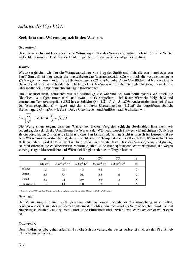 Seeklima und Wärmekapazität des Wassers