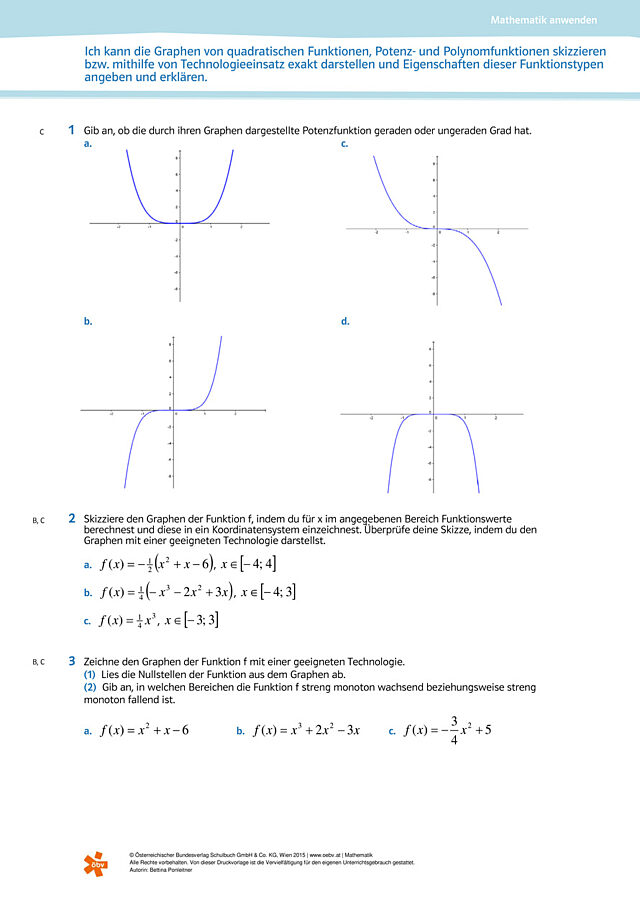 die Graphen von quadratischen Funktionen, Potenz- und Polynomfunktionen skizzieren bzw. mithilfe von Technologieeinsatz exakt darstellen und Eigenschaften dieser Funktionstypen angeben und erklären
