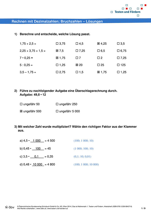 Test Rechnen mit Dezimalzahlen; Bruchzahlen