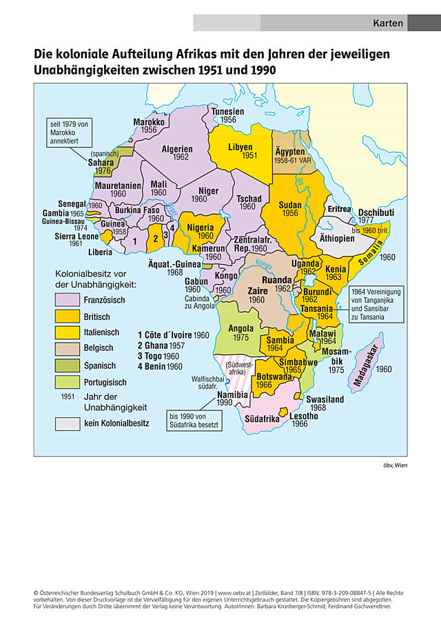 Die koloniale Aufteilung Afrikas mit den Jahren der jeweiligen Unabhängigkeiten zwischen 1951 und 1990