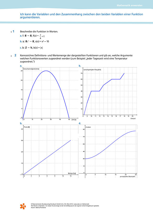 die Variablen und den Zusammenhang zwischen den beiden Variablen einer Funktion argumentieren