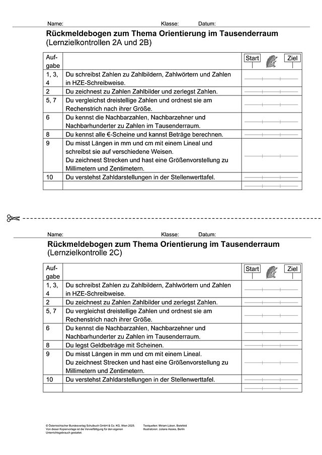 Das Zahlenbuch 3, Lernzielkontrolle 2 Rückmeldebogen
