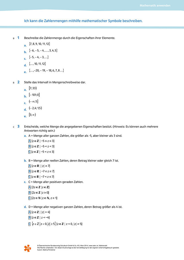 Zahlenmengen mit mathematischen Symbolen beschreiben