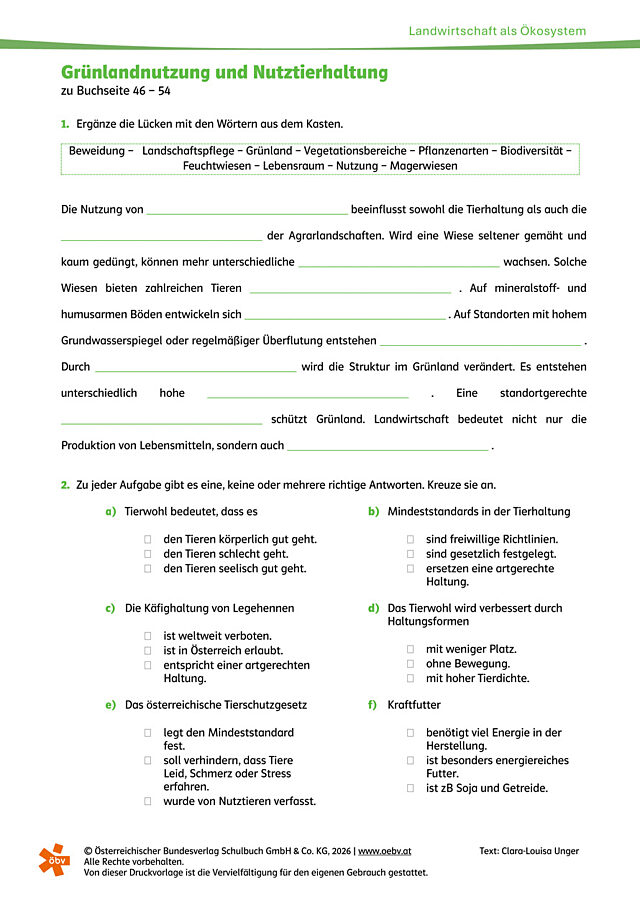 Landwirtschaft – Grünlandnutzung und Nutztierhaltung