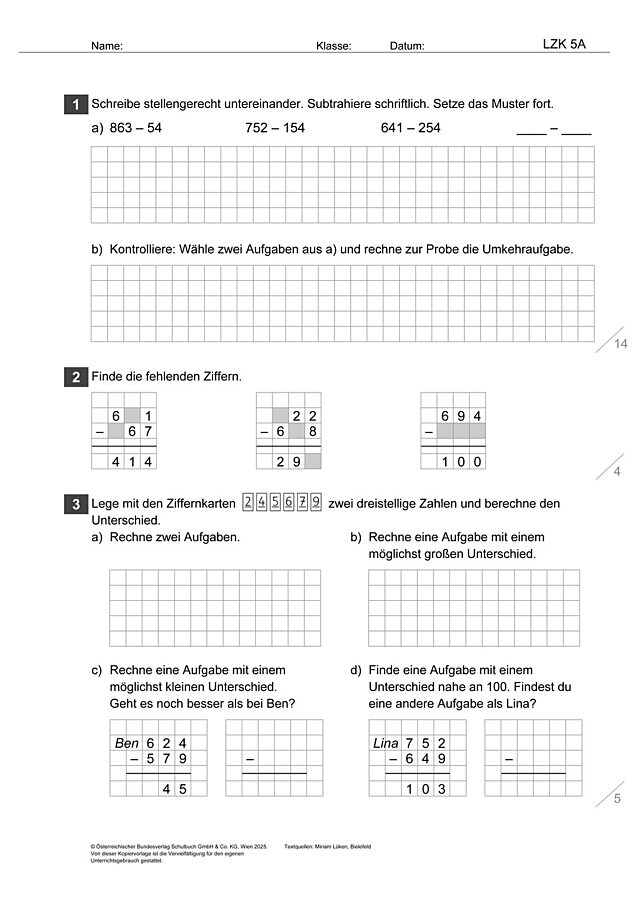 Das Zahlenbuch 3, Lernzielkontrolle 5A