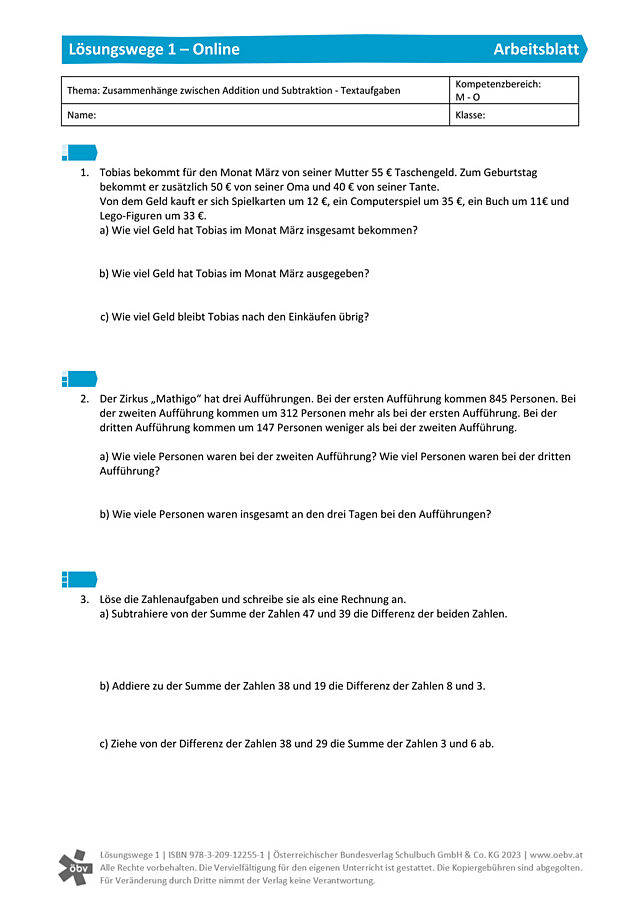 Zusammenhänge zwischen Addition und Subtraktion - Textaufgaben