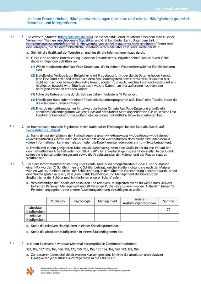 Ich kann Daten erheben, Häufigkeitsverteilungen (absolute und relative Häufigkeiten) graphisch darstellen und interpretieren.