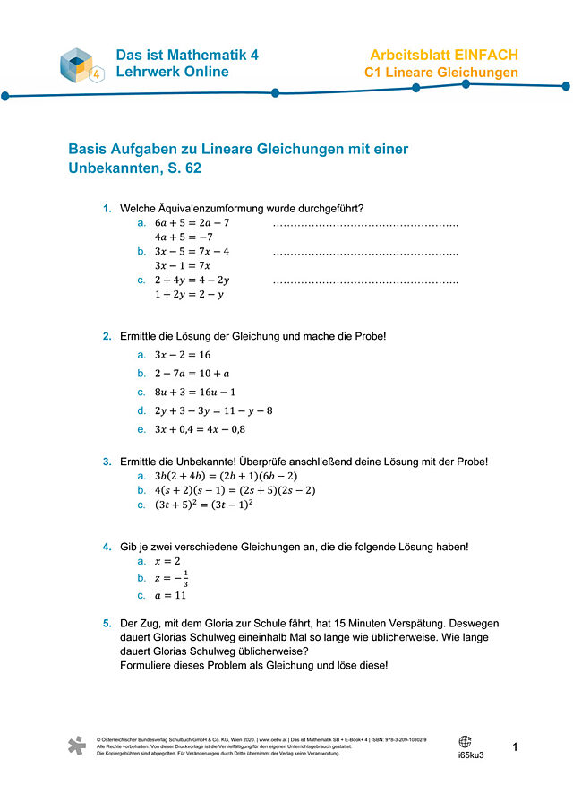 Üben - Lineare Gleichungen mit einer Unbekannten