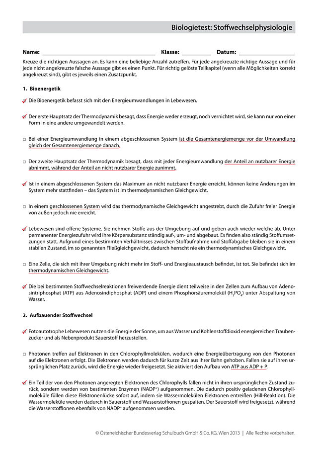 Biologietest: Stoffwechselphysiologie
