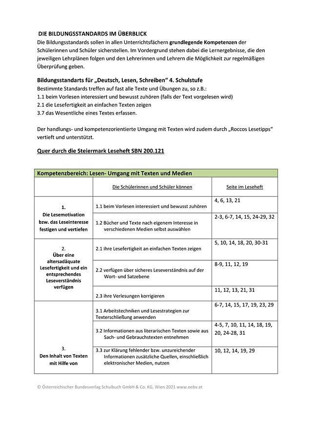 Leseheft Steiermark_Liste Bildungstandards Lesen