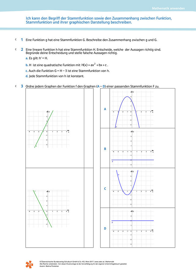 Ich kann den Zusammenhang zwischen Funktion und Stammfunktion erklären, beschreiben und graphisch deuten.