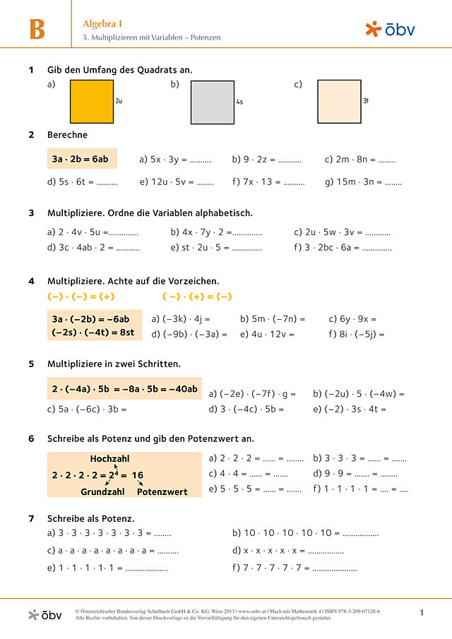 5. Multiplizieren mit Variablen – Potenzen