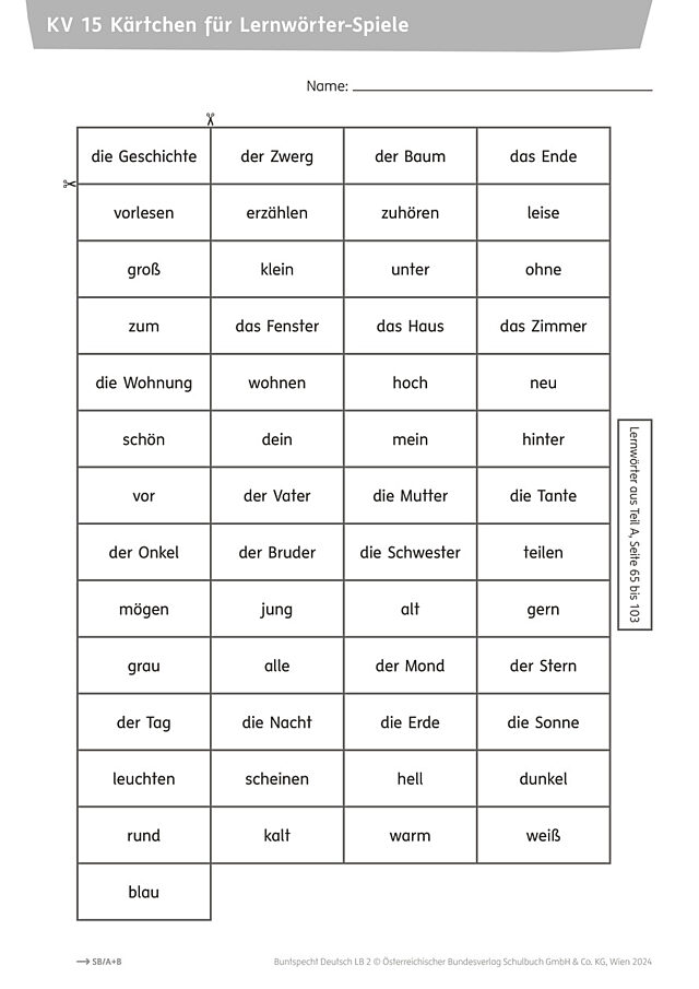 Kärtchen für Lernwörter-Spiele
